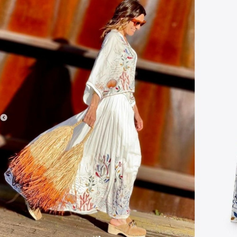 NWT ZARA WOMAN MID-WAIST SMOCKED SEA MOTIF EMBROIDERED LONG SKIRT